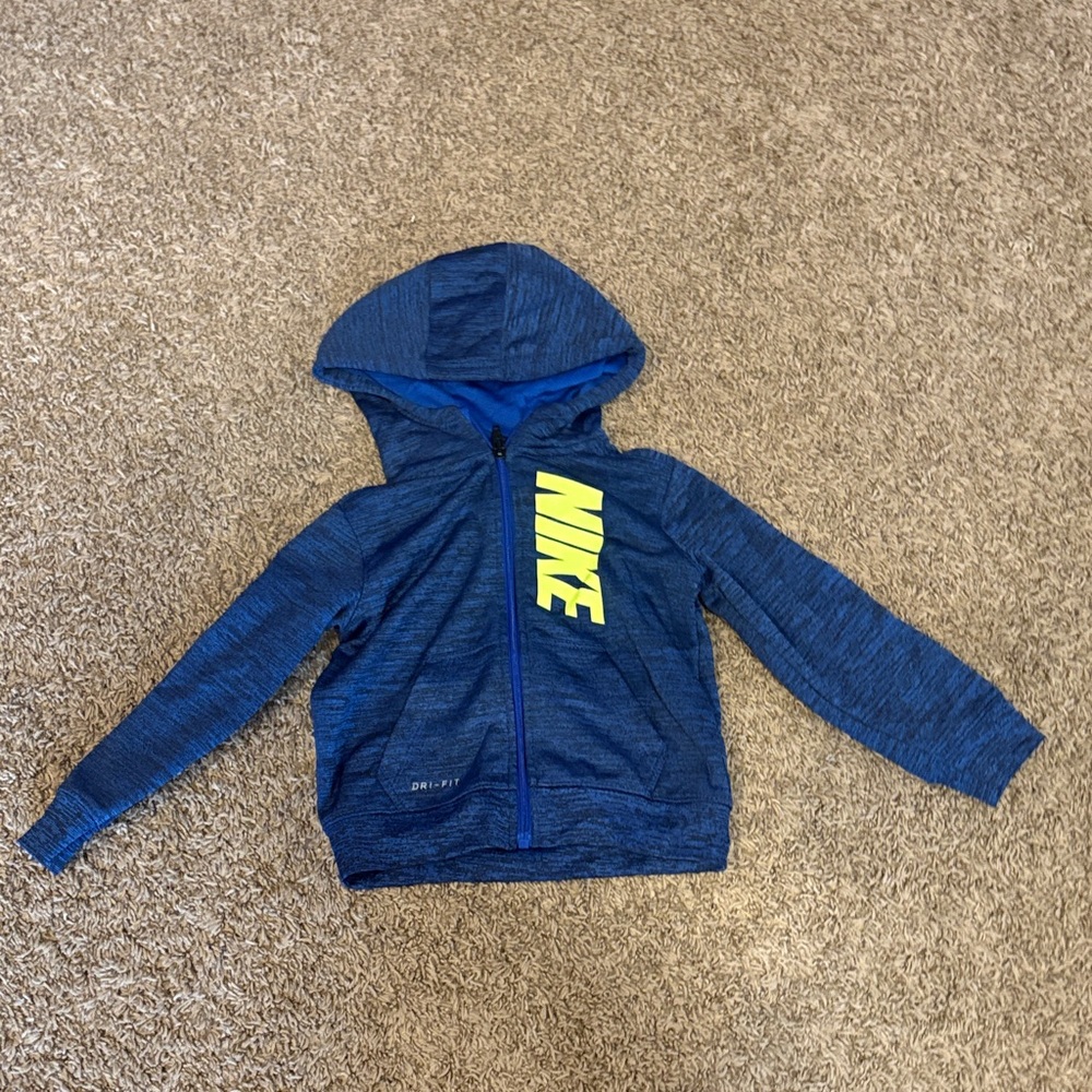 Nike Kids' Blue Hooded Zip Jacket with Neon Yellow Logo